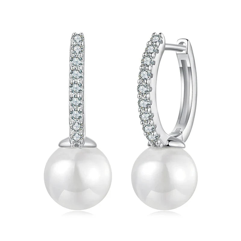 Moissanite Shell Pearl Drop Hoop Earrings in Sterling Silver
