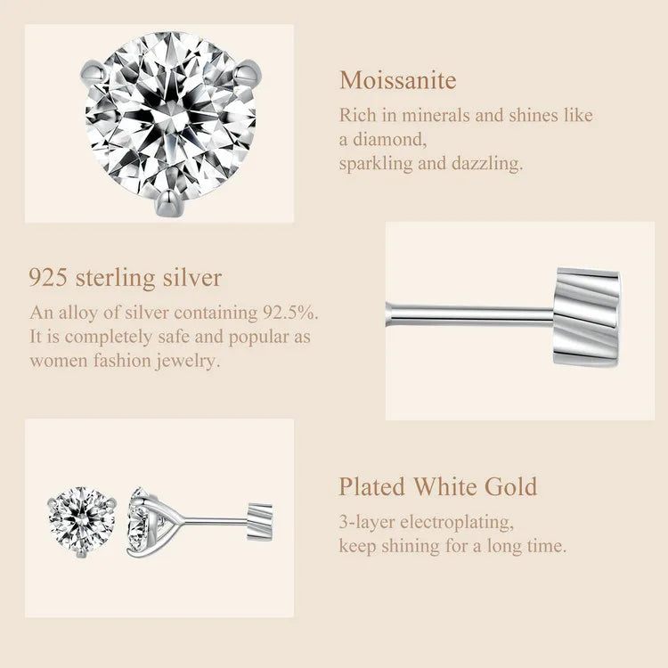 Three-Prong Moissanite Push-Back Stud Earrings in Silver