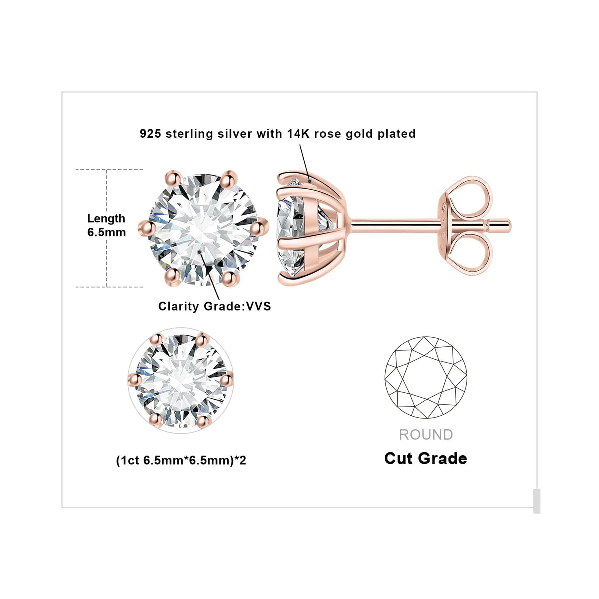 Round Moissanite Solitaire Stud Earrings in Three Metal Finishes