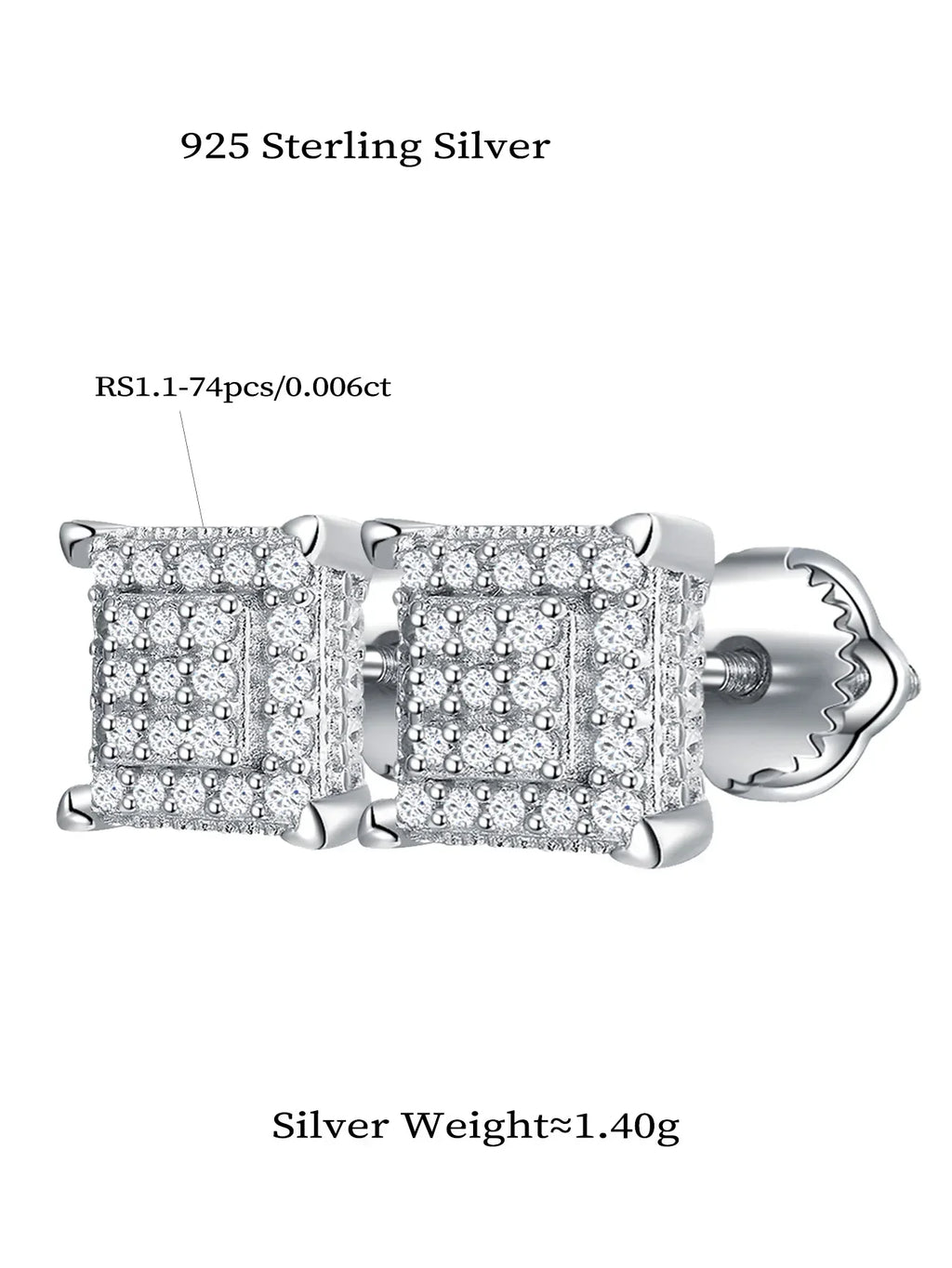 Square Pavé Moissanite Stud Earrings in Sterling Silver