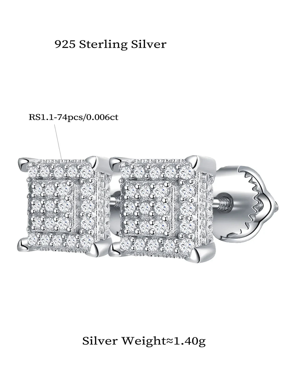 Square Pavé Moissanite Stud Earrings in Sterling Silver