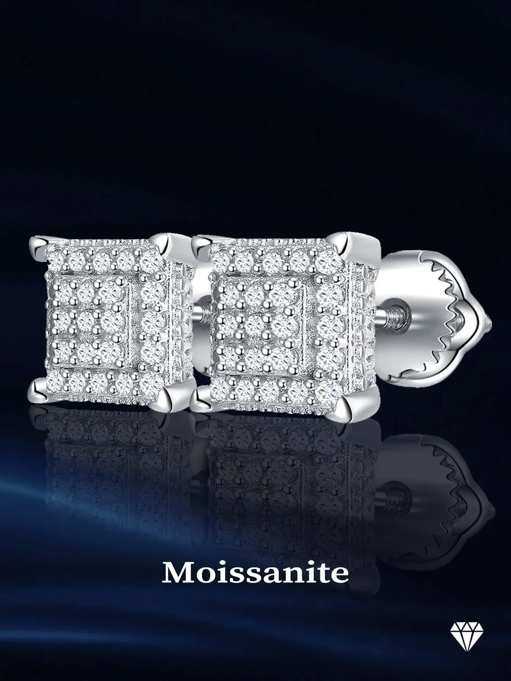 Square Pavé Moissanite Stud Earrings in Sterling Silver