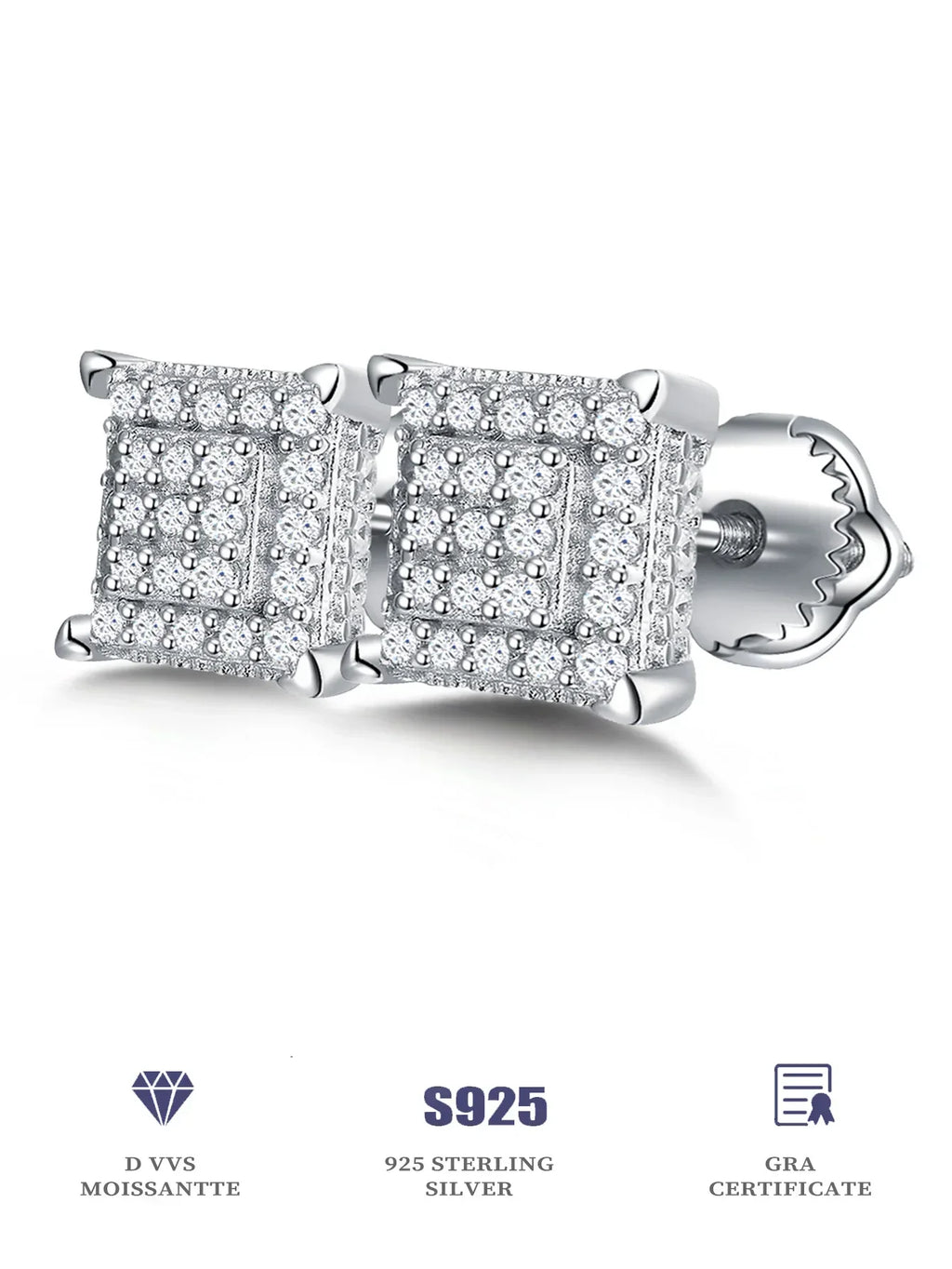 Square Pavé Moissanite Stud Earrings in Sterling Silver