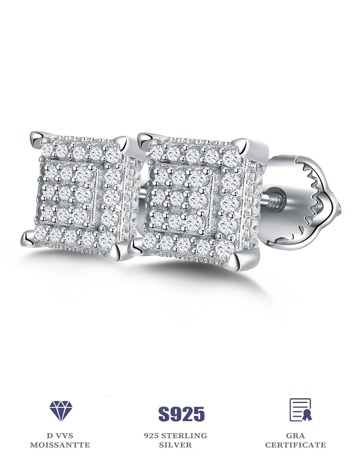 Square Pavé Moissanite Stud Earrings in Sterling Silver