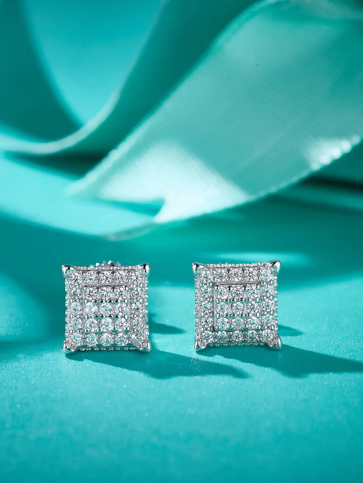 Square Pavé Moissanite Stud Earrings in Sterling Silver