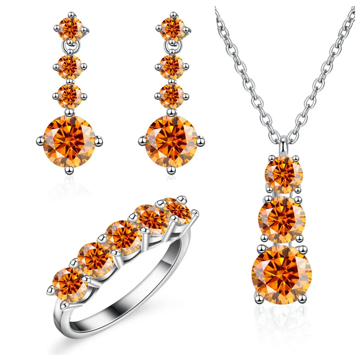 Graduated Moissanite Necklace, Drop Earrings & Ring Set
