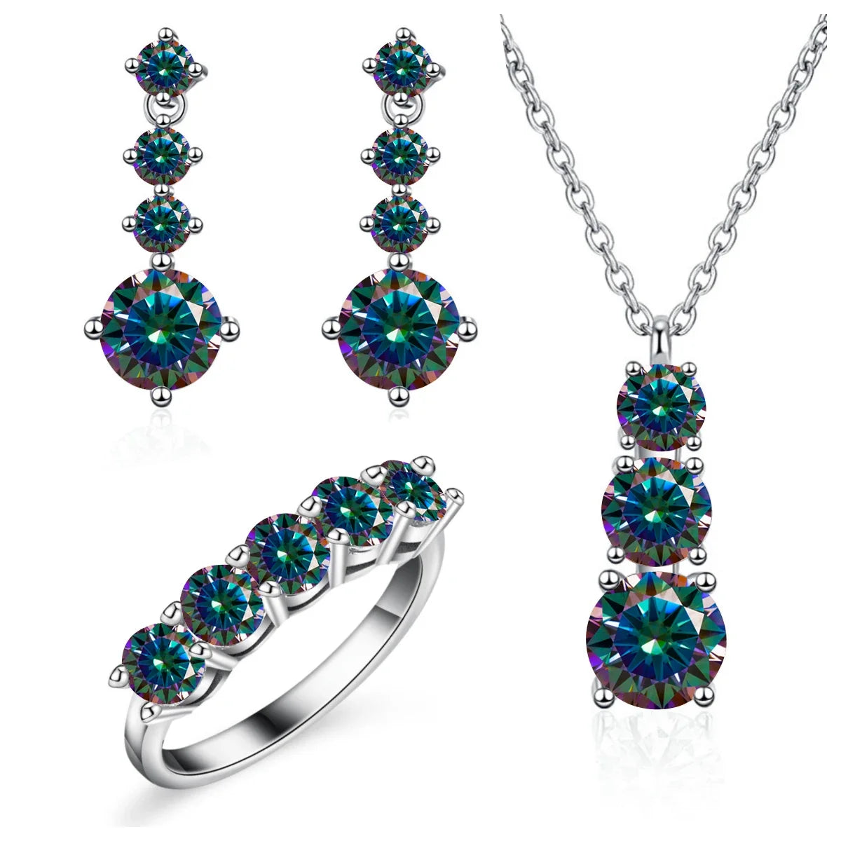 Graduated Moissanite Necklace, Drop Earrings & Ring Set