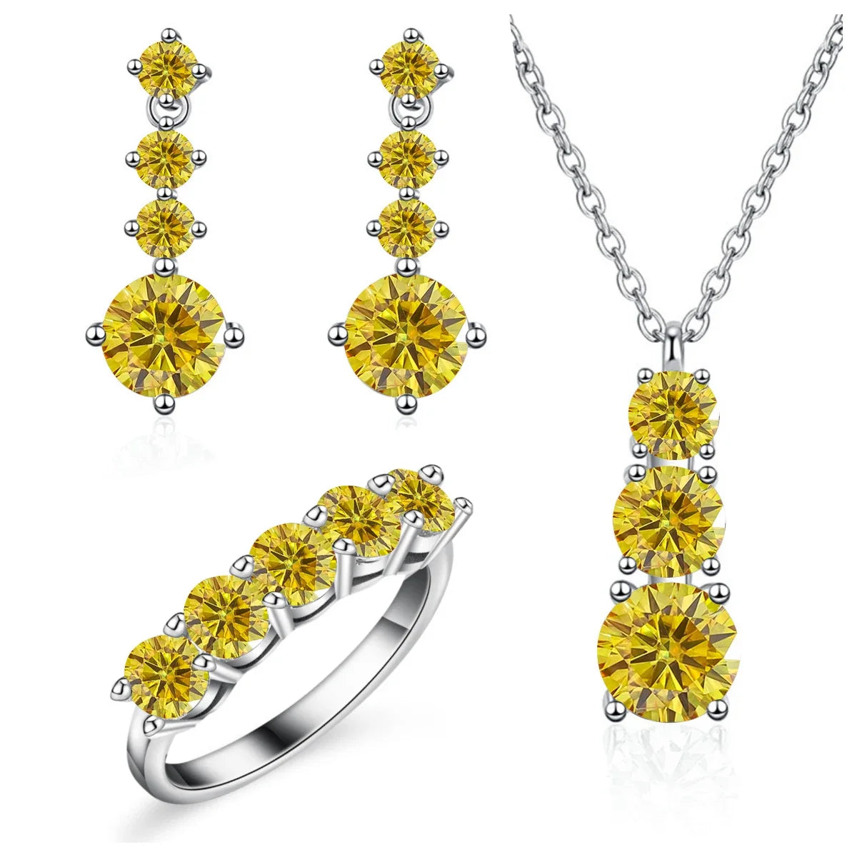 Graduated Moissanite Necklace, Drop Earrings & Ring Set