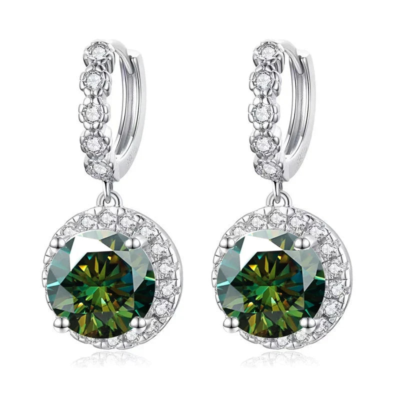 Colored Round Halo Moissanite Hoop Drop Earrings