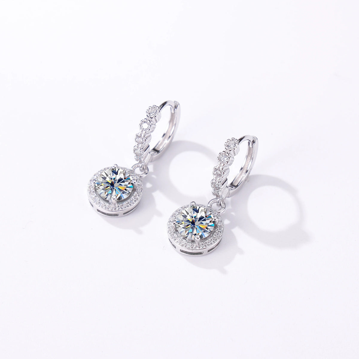 Colored Round Halo Moissanite Hoop Drop Earrings