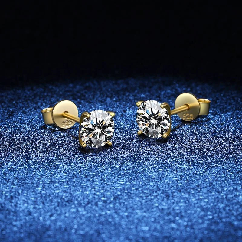 Gold-Tone Moissanite Solitaire Stud Earrings in Silver