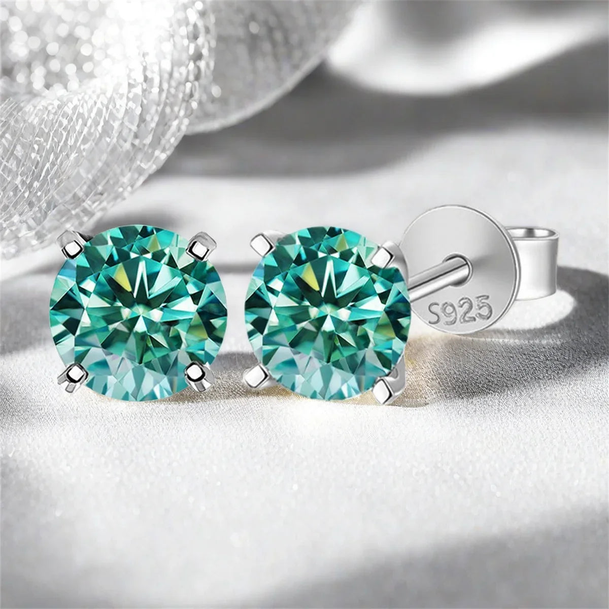 Cyan Round Moissanite Stud Earrings in Sterling Silver