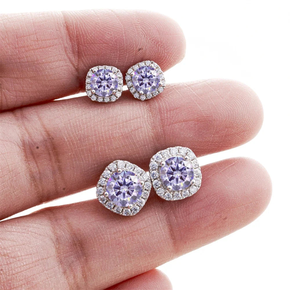 Colored Moissanite Cushion Halo Stud Earrings in Silver