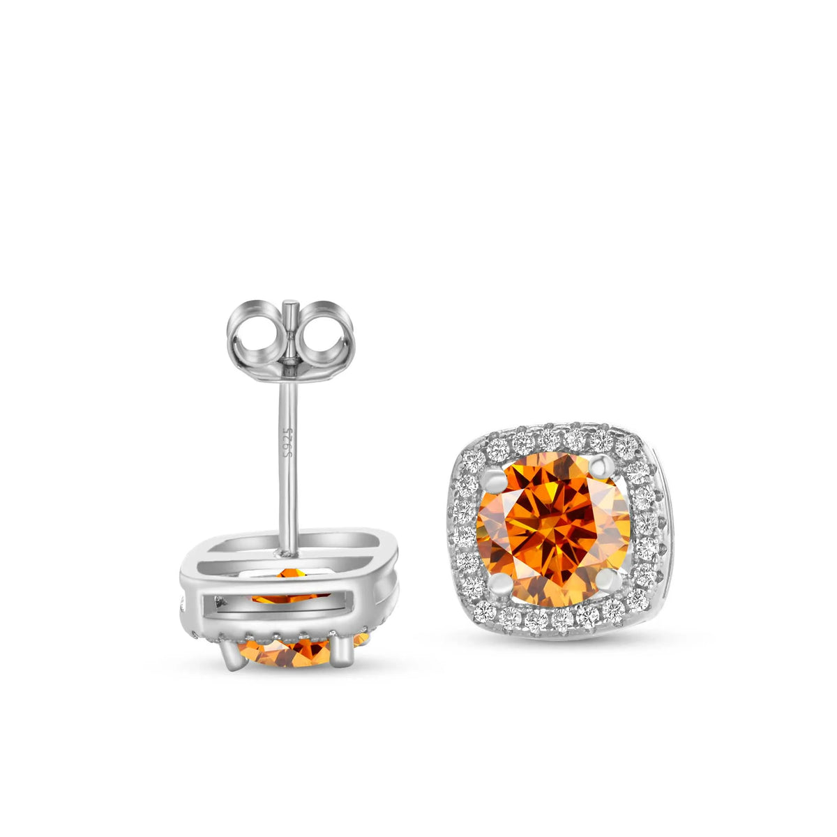 Colored Moissanite Cushion Halo Stud Earrings in Silver