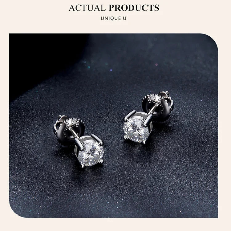 Round & Square Moissanite Screw-Back Stud Earrings in Silver