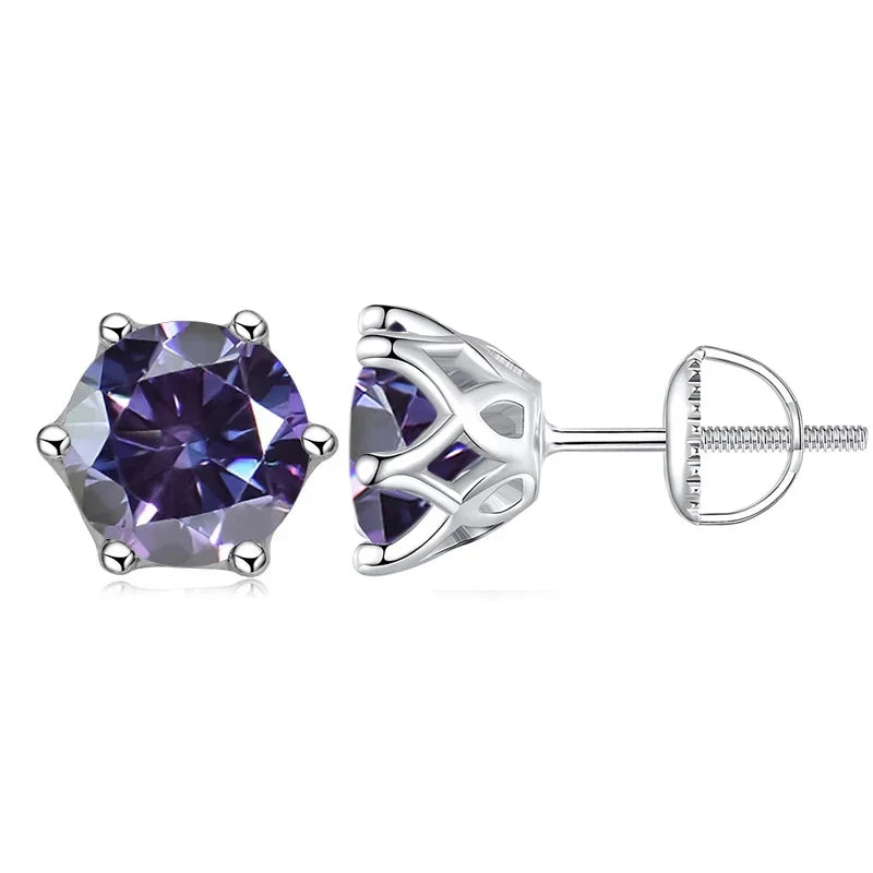Colored Six-Prong Moissanite Screw-Back Stud Earrings