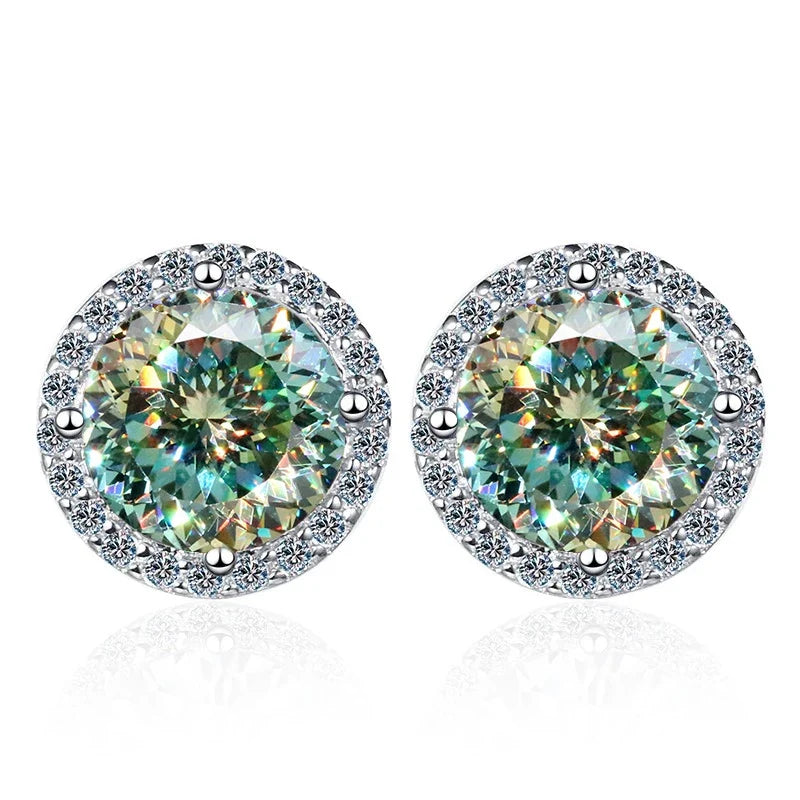Colored Round Halo Moissanite Stud Earrings in Silver