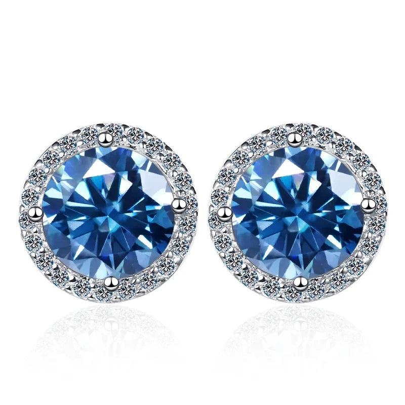 Colored Round Halo Moissanite Stud Earrings in Silver