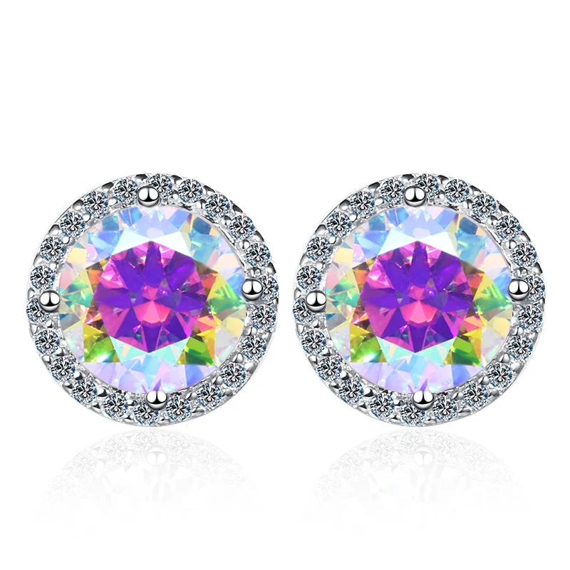 Colored Round Halo Moissanite Stud Earrings in Silver