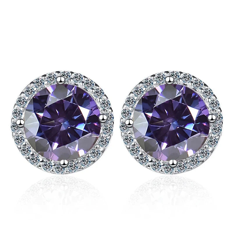 Colored Round Halo Moissanite Stud Earrings in Silver