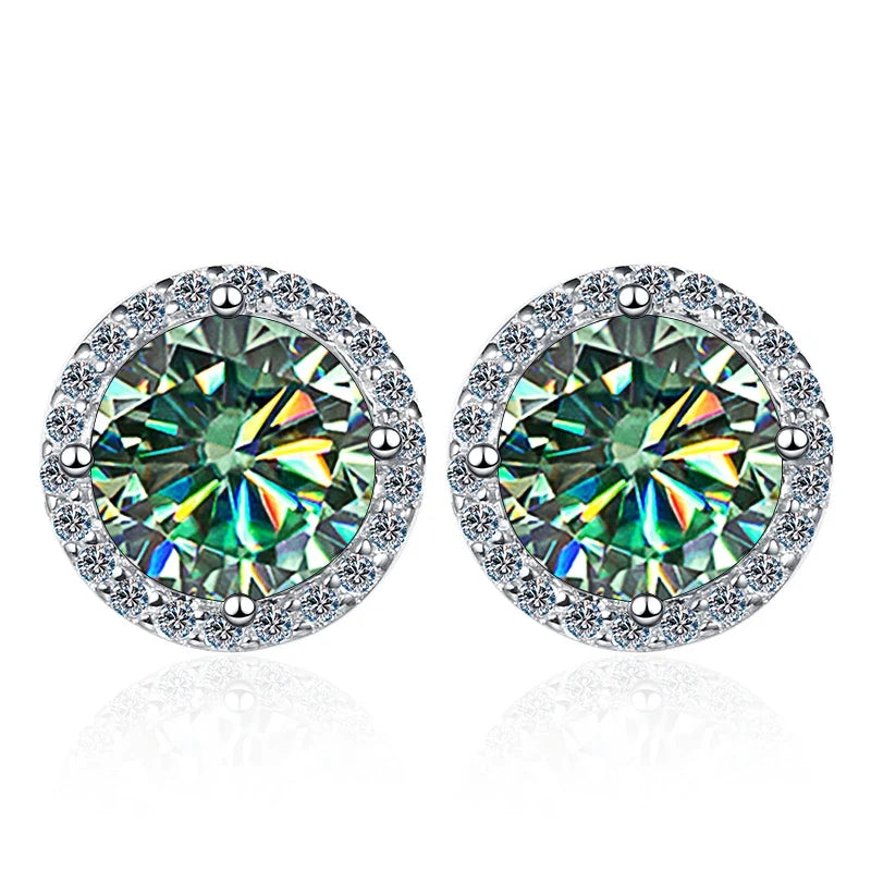 Colored Round Halo Moissanite Stud Earrings in Silver