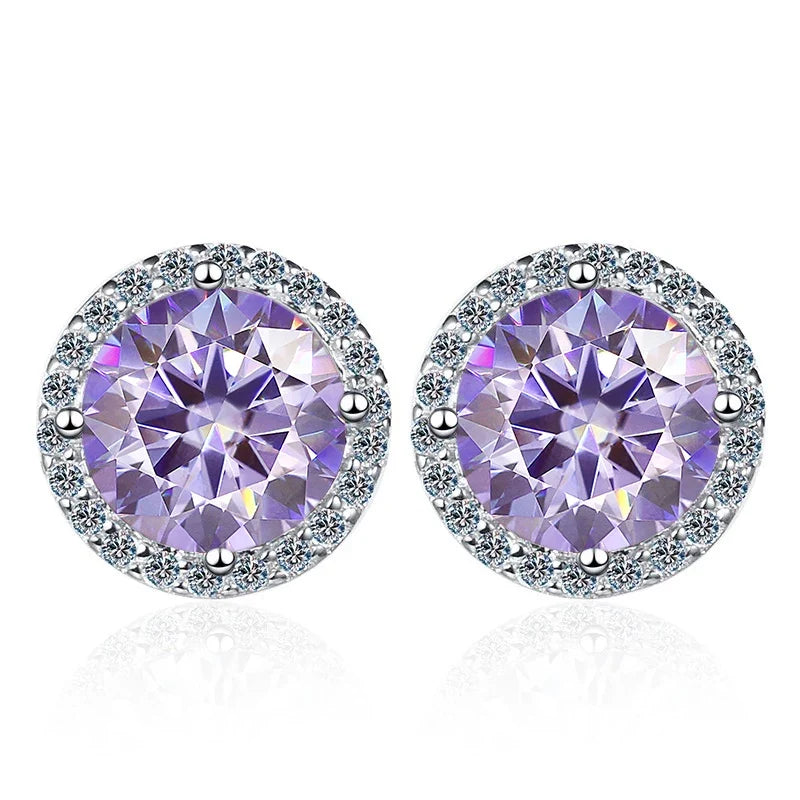Colored Round Halo Moissanite Stud Earrings in Silver