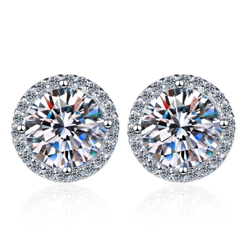 Colored Round Halo Moissanite Stud Earrings in Silver