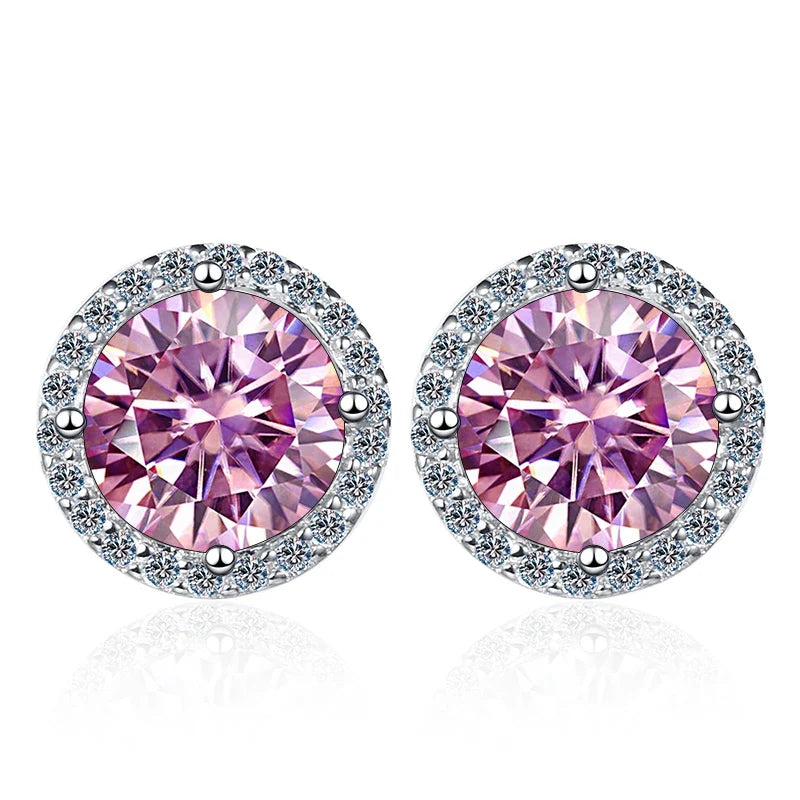 Colored Round Halo Moissanite Stud Earrings in Silver