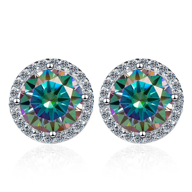 Colored Round Halo Moissanite Stud Earrings in Silver