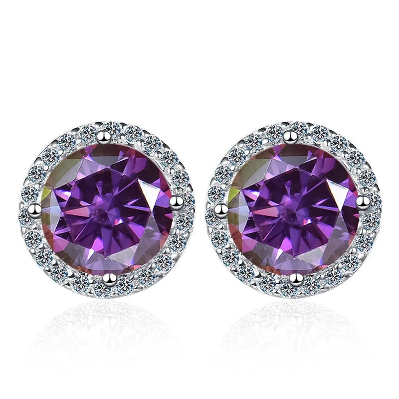 Colored Round Halo Moissanite Stud Earrings in Silver
