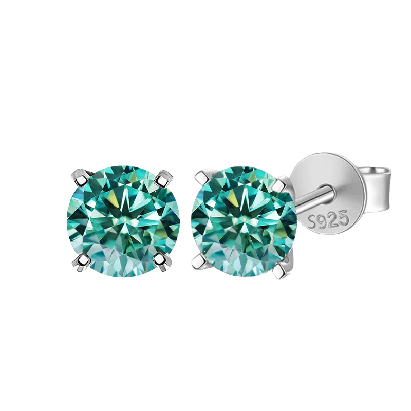 Cyan Round Moissanite Stud Earrings in Sterling Silver