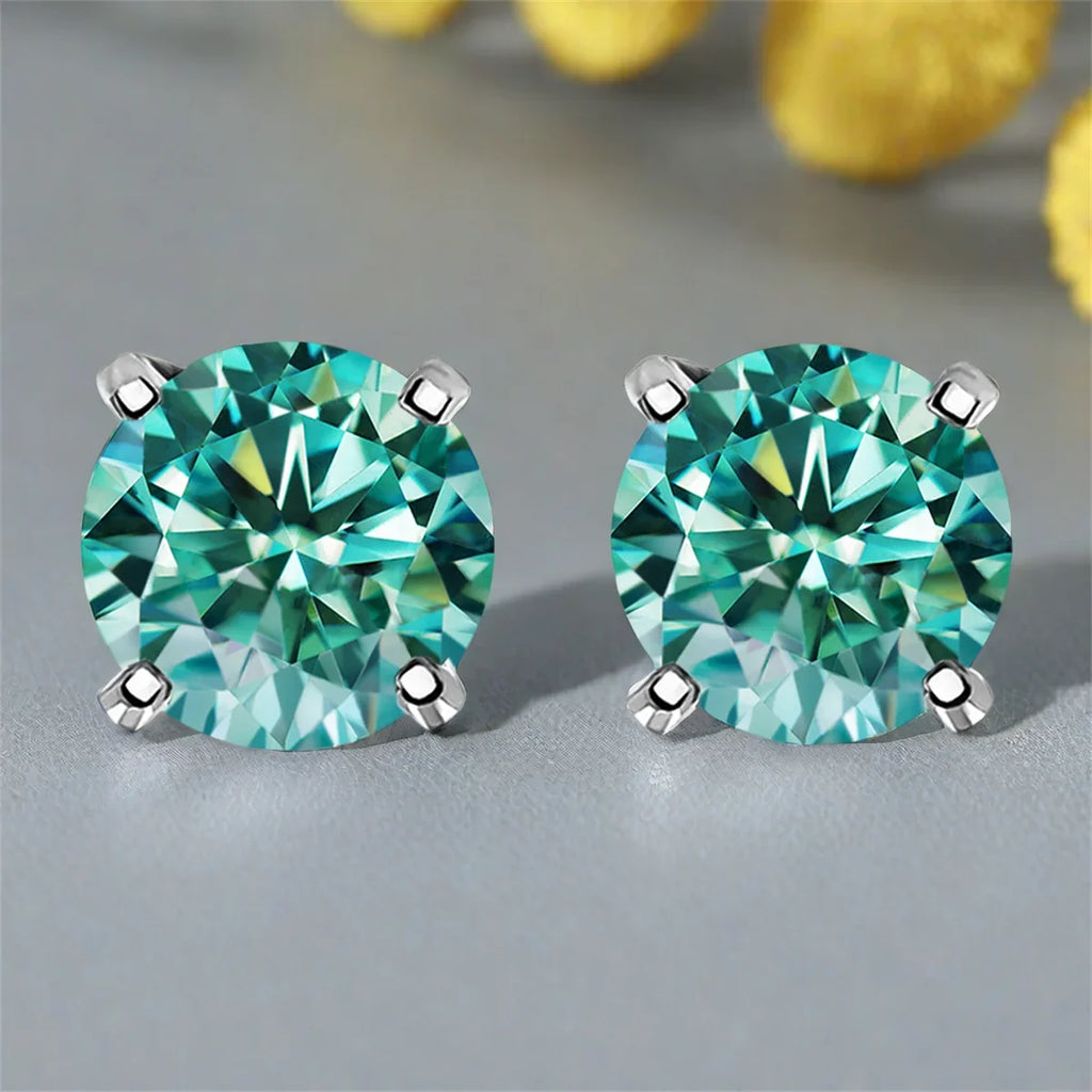 Cyan Round Moissanite Stud Earrings in Sterling Silver