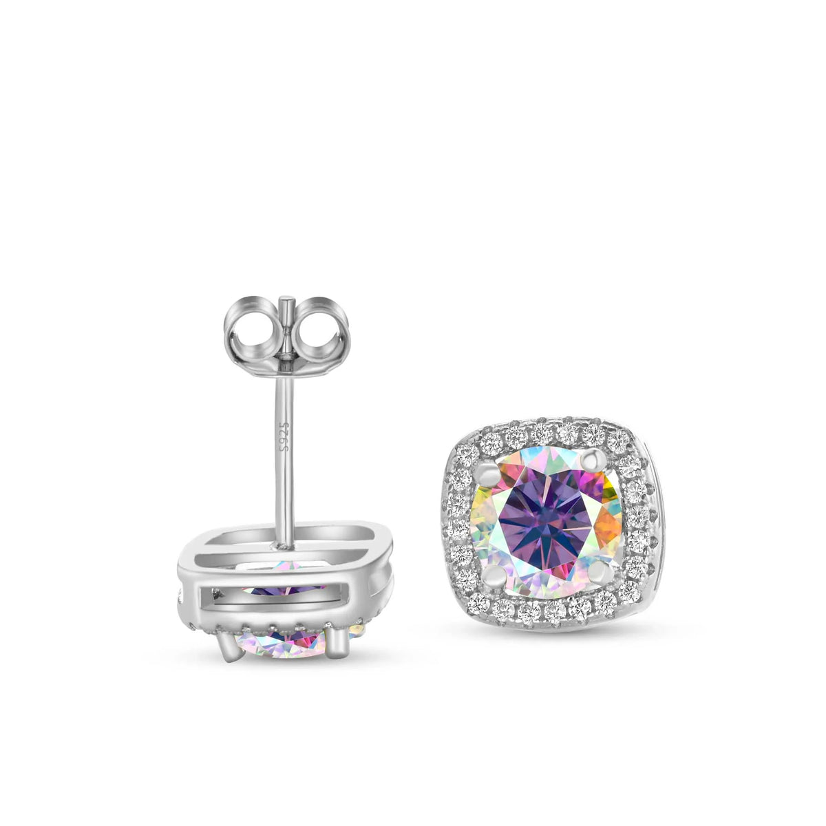 Colored Moissanite Cushion Halo Stud Earrings in Silver