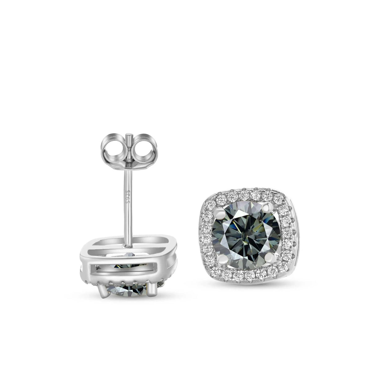 Colored Moissanite Cushion Halo Stud Earrings in Silver