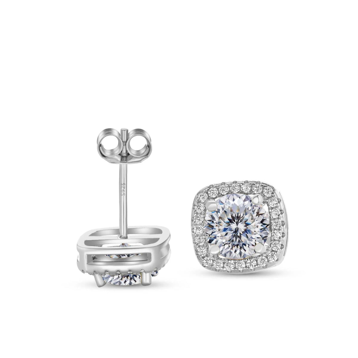 Colored Moissanite Cushion Halo Stud Earrings in Silver