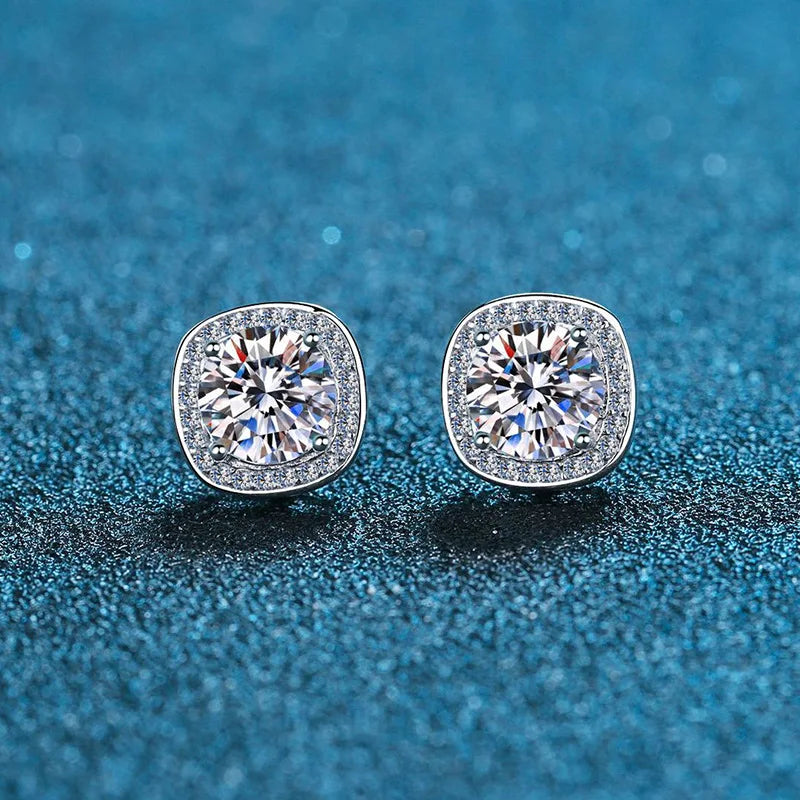 Colored Moissanite Cushion Halo Stud Earrings in Silver