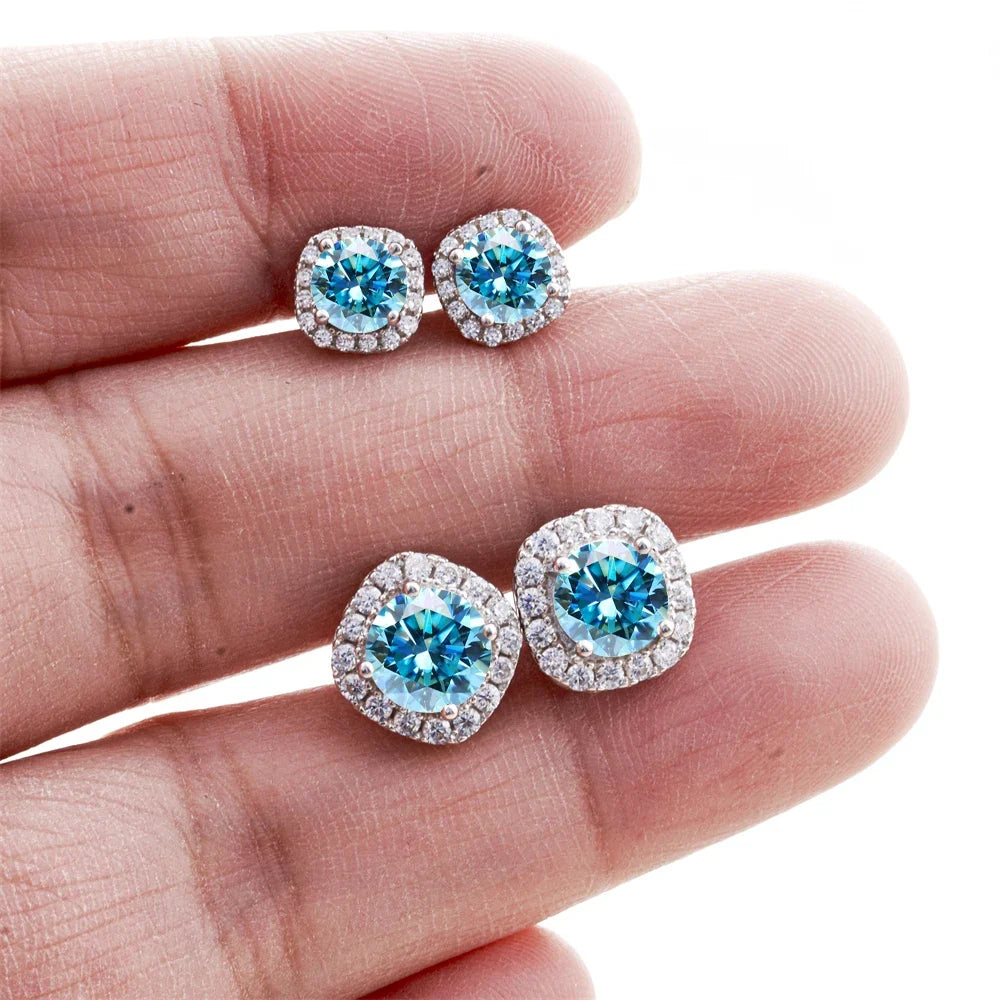 Colored Moissanite Cushion Halo Stud Earrings in Silver