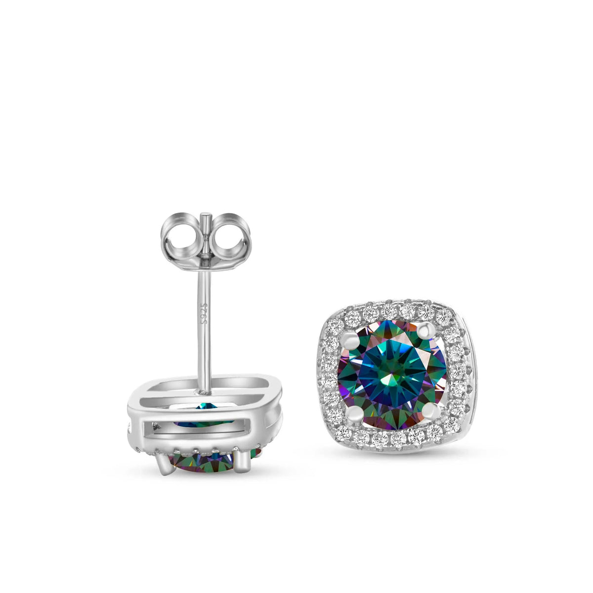 Colored Moissanite Cushion Halo Stud Earrings in Silver