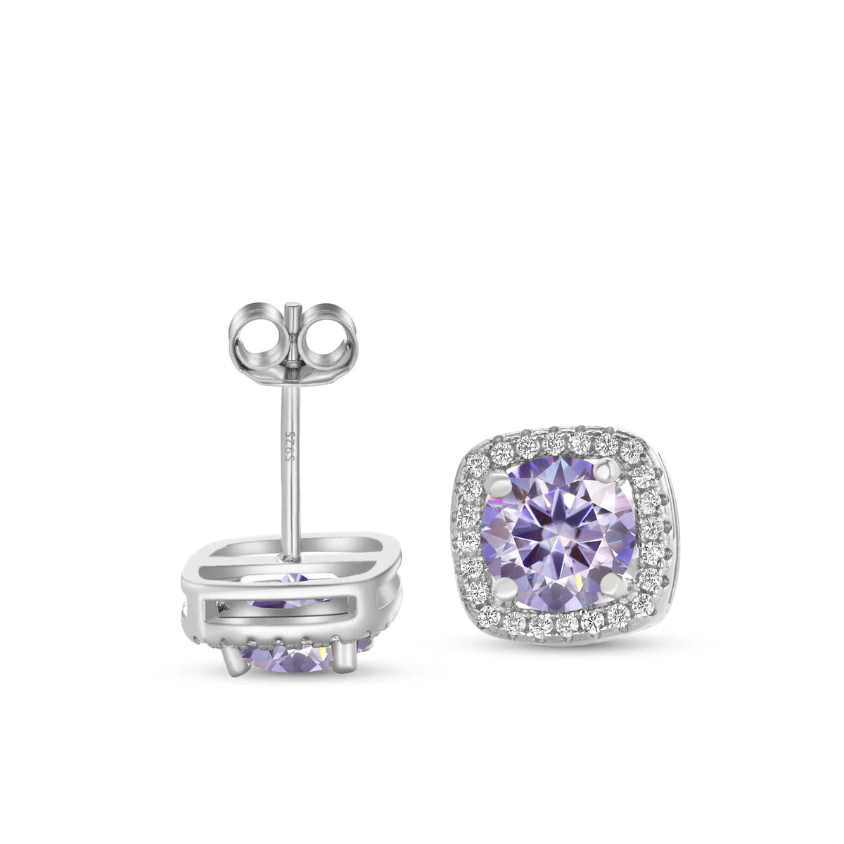 Colored Moissanite Cushion Halo Stud Earrings in Silver