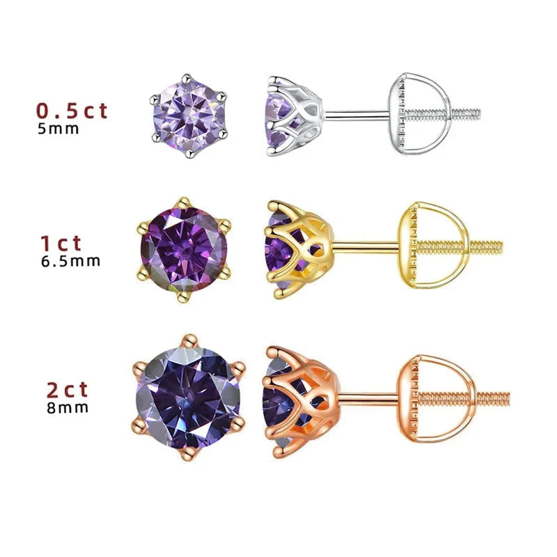 Colored Six-Prong Moissanite Screw-Back Stud Earrings