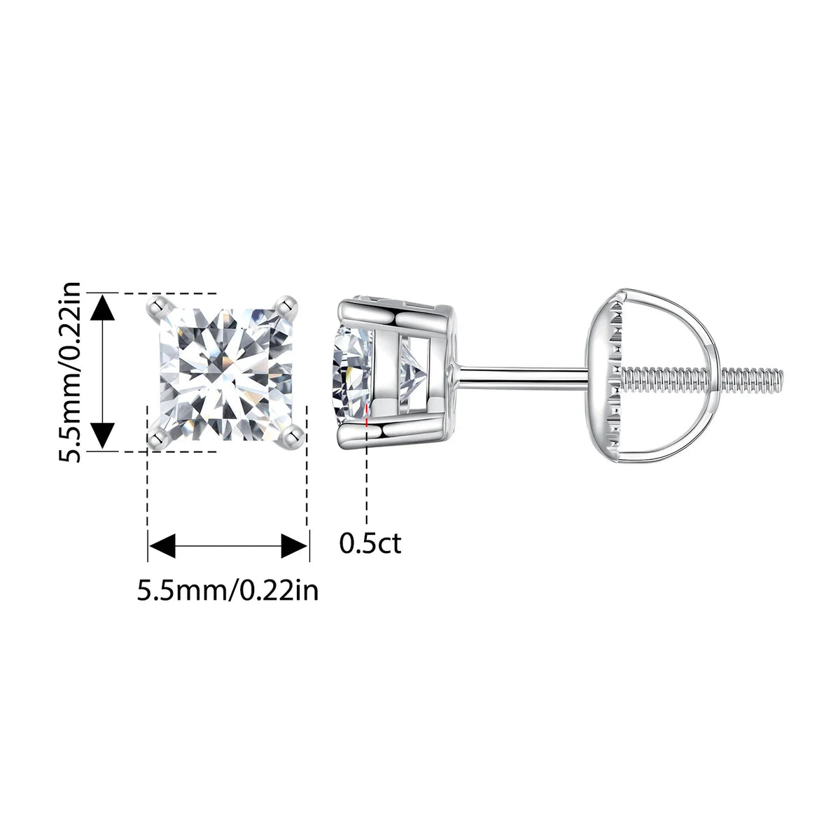 Round & Square Moissanite Screw-Back Stud Earrings in Silver