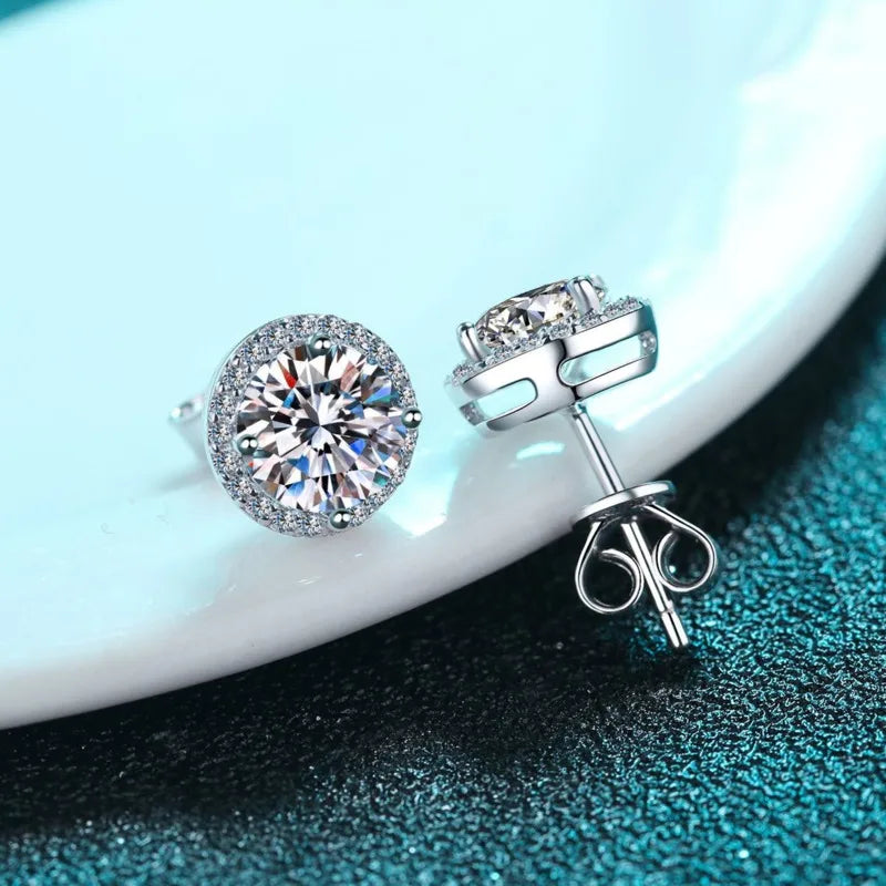 Colored Round Halo Moissanite Stud Earrings in Silver