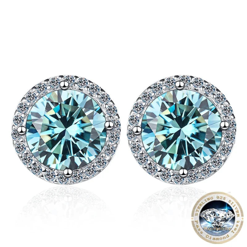 Colored Round Halo Moissanite Stud Earrings in Silver