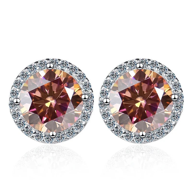 Colored Round Halo Moissanite Stud Earrings in Silver