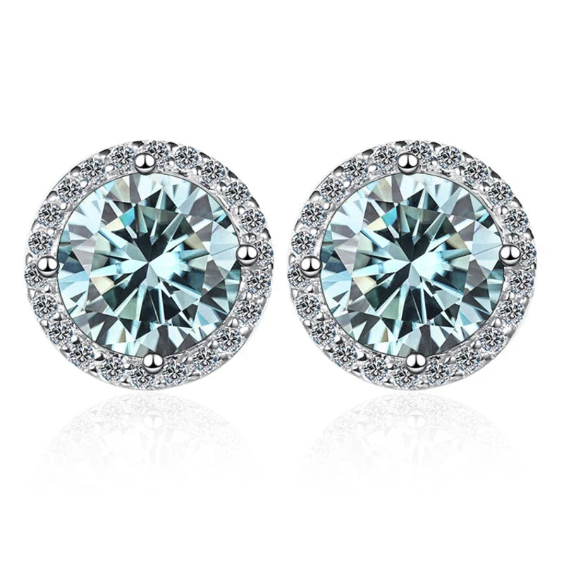 Colored Round Halo Moissanite Stud Earrings in Silver