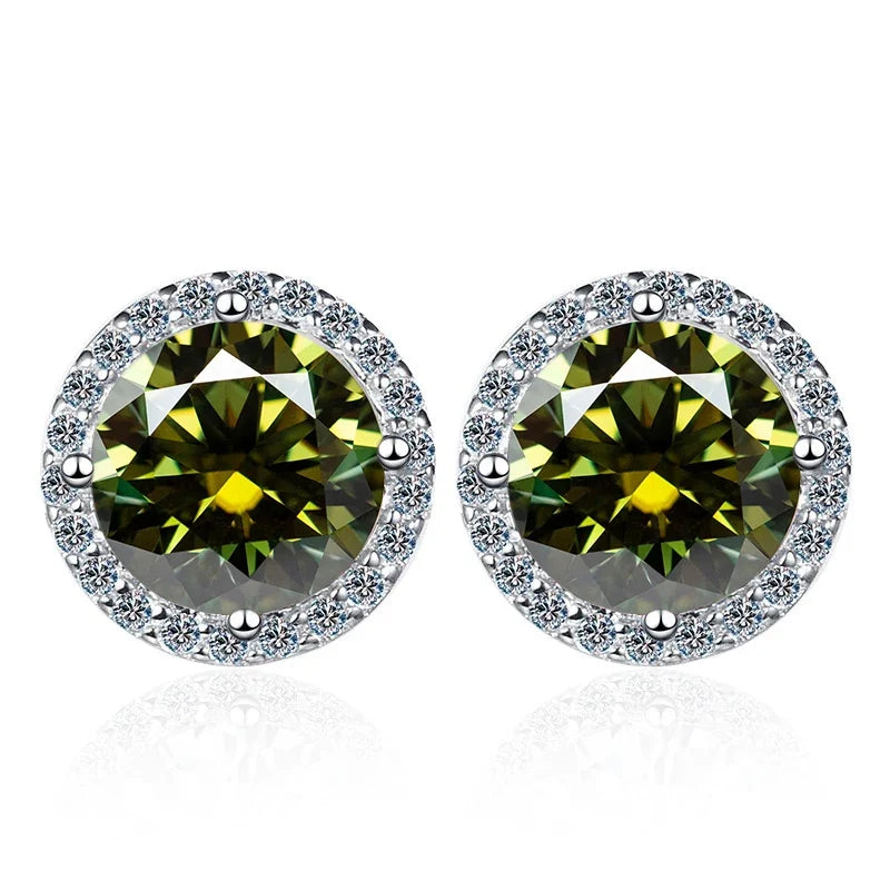 Colored Round Halo Moissanite Stud Earrings in Silver