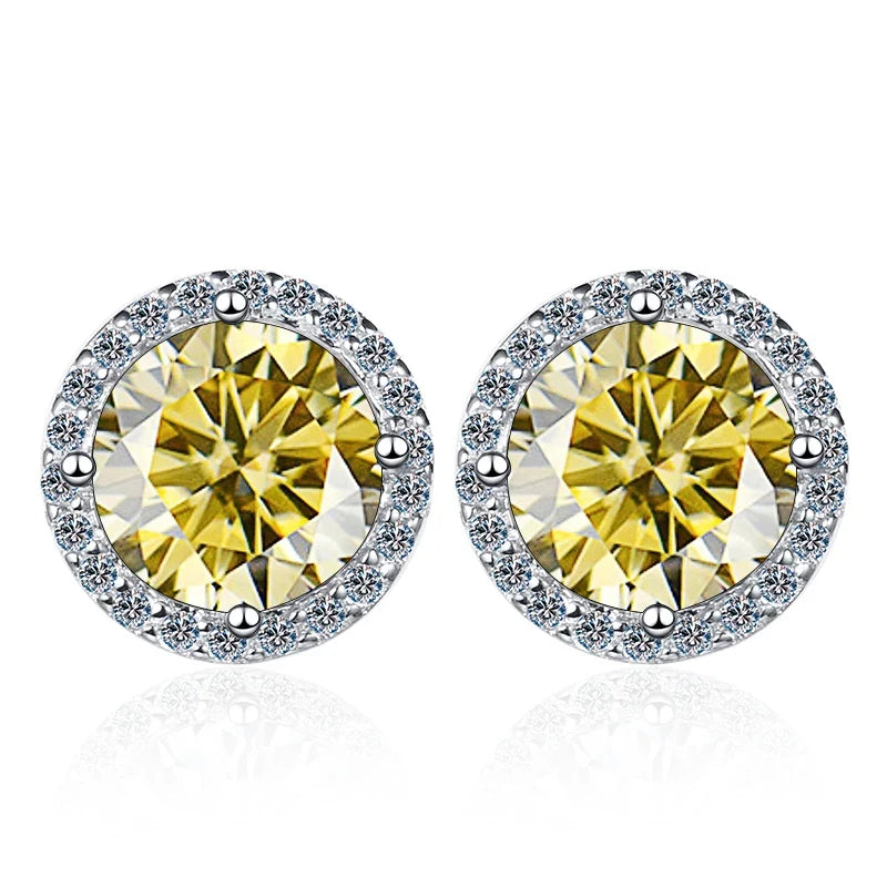 Colored Round Halo Moissanite Stud Earrings in Silver