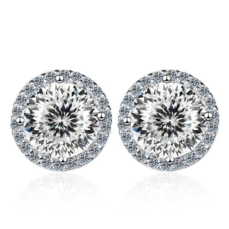 Colored Round Halo Moissanite Stud Earrings in Silver