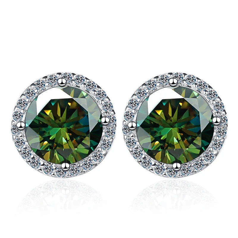 Colored Round Halo Moissanite Stud Earrings in Silver
