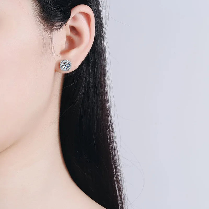Colored Moissanite Cushion Halo Stud Earrings in Silver